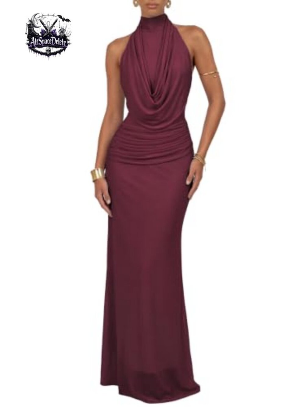 Halter Backless Ruched Mermaid Maxi Formal Dress Stretch Mesh